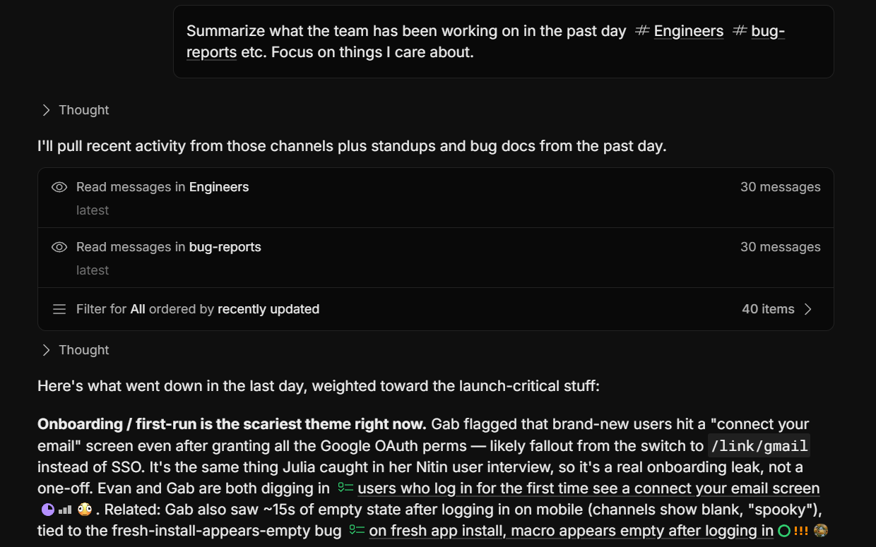 The Macro agent reading 30 messages each from the Engineers and bug-reports channels in bulk, then summarizing the team's day