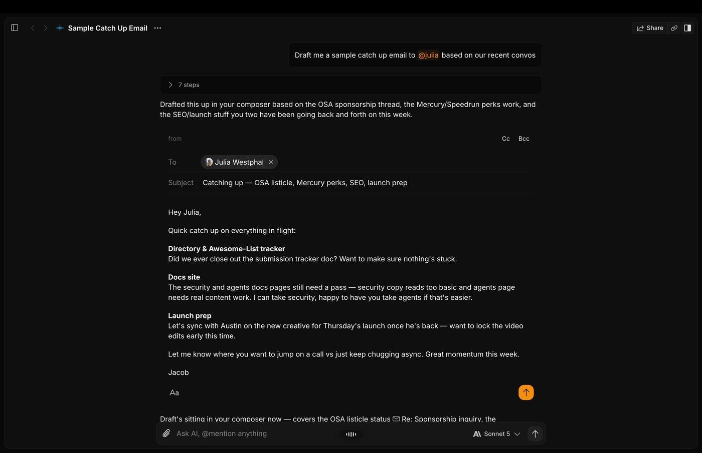 Macro agent drafting a catch-up email in the composer after searching recent conversations