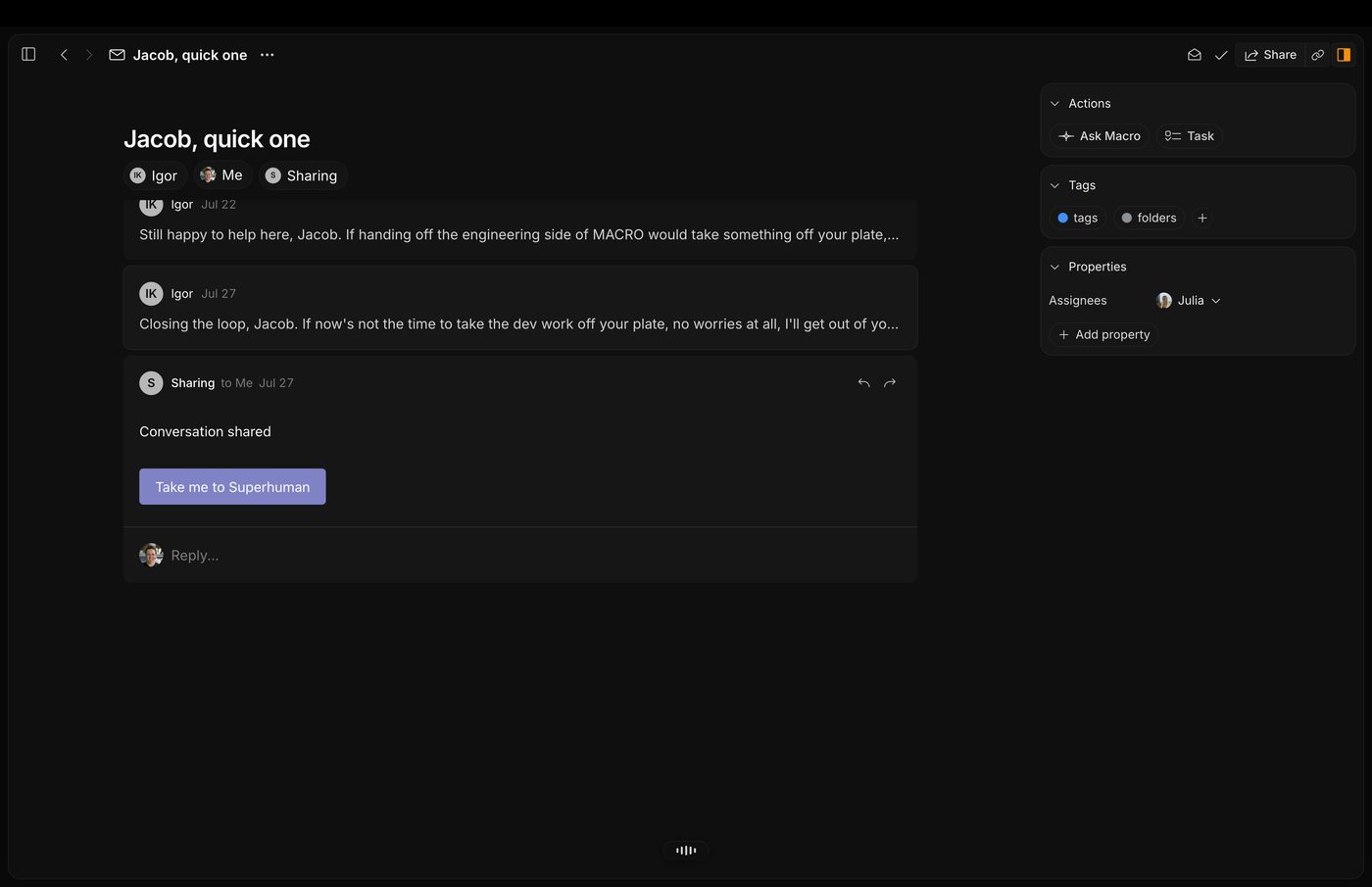 The same thread open in Macro's block-email view with Actions, Tags and Properties beside it