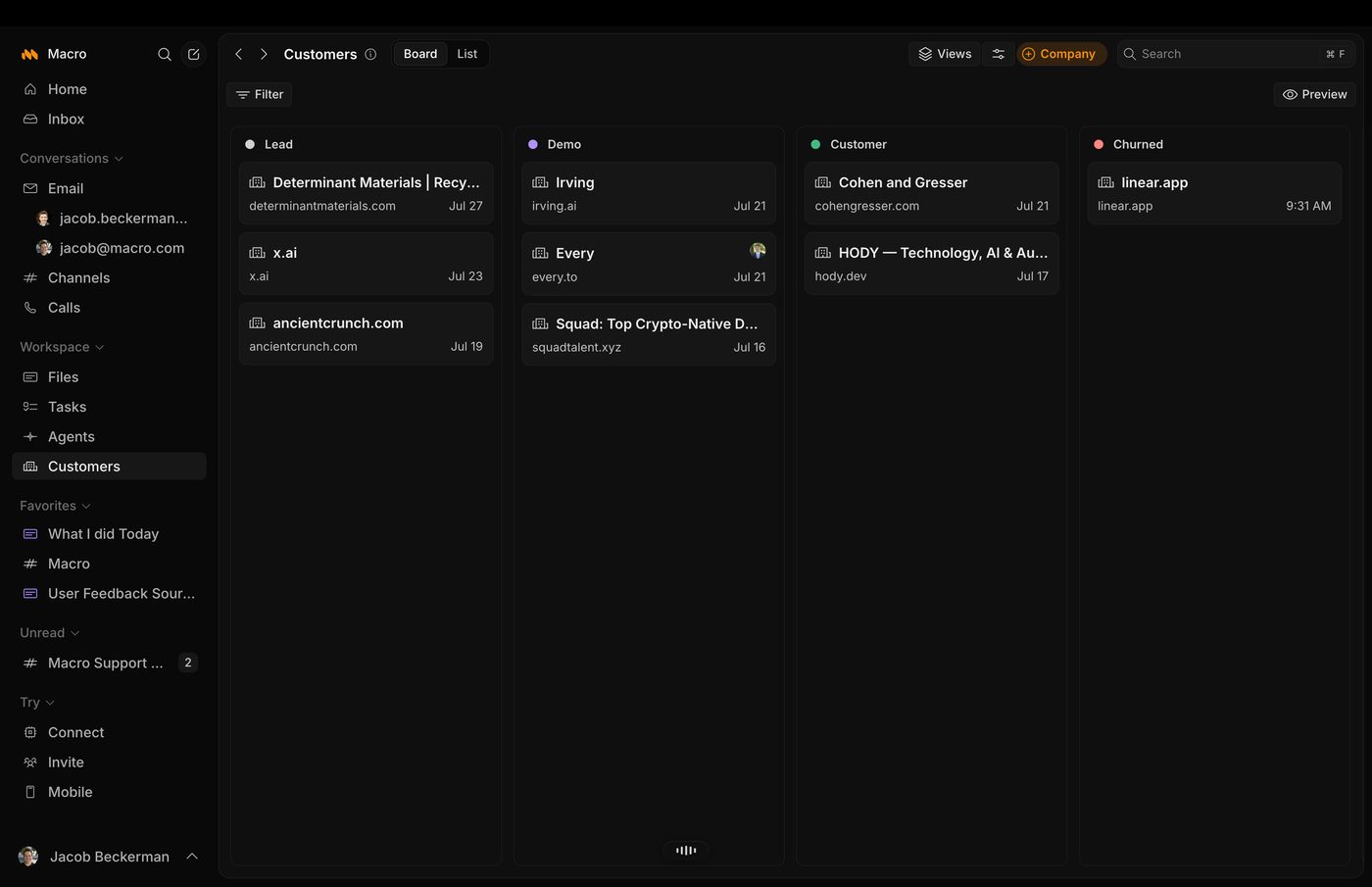 Macro CRM board with Lead, Demo, Customer and Churned columns of company cards