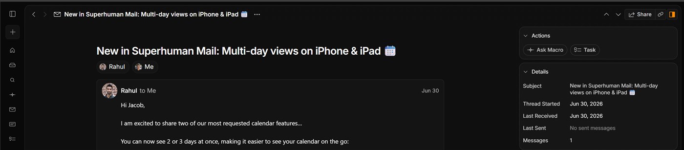 An email open in Macro with Ask Macro and Task actions next to the thread details