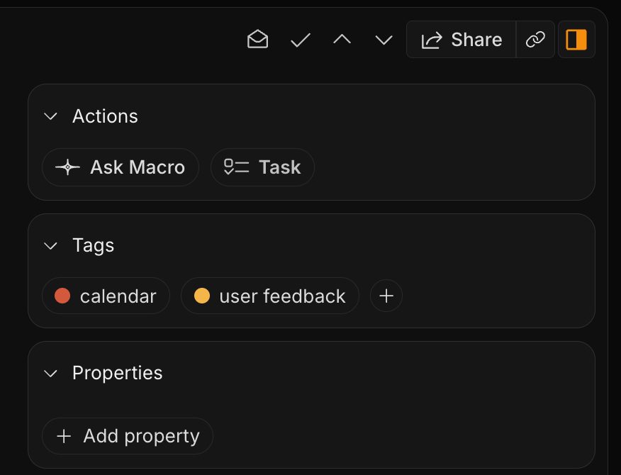 Macro side panel on an email showing Actions, Tags including user feedback, and Properties