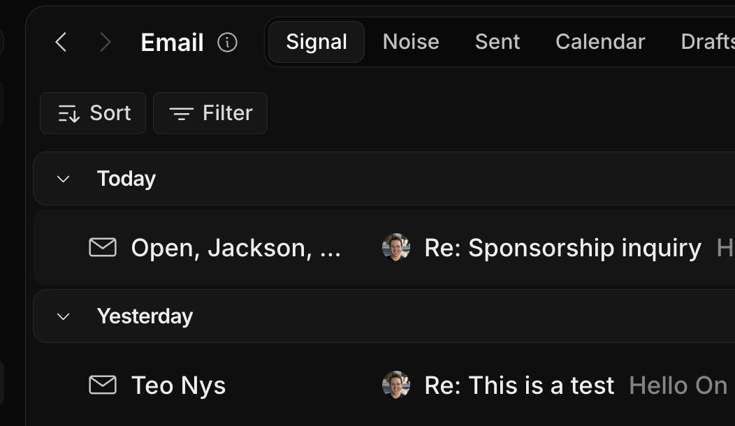 Macro email view with Signal, Noise, Sent, Calendar and Drafts tabs, Signal selected