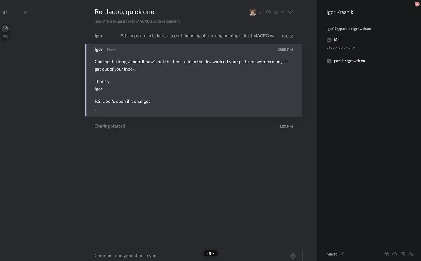 A Superhuman Shared Conversation thread with the shared reply highlighted inside Superhuman