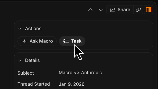 Email sidebar Actions panel with Ask Macro and Task buttons, cursor on Task