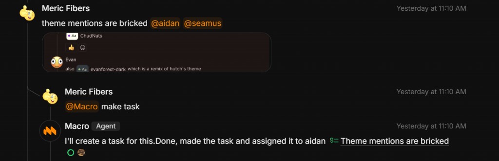 Channel thread where a user asks @Macro to create a task from a bug report and Macro assigns it with a linked task title