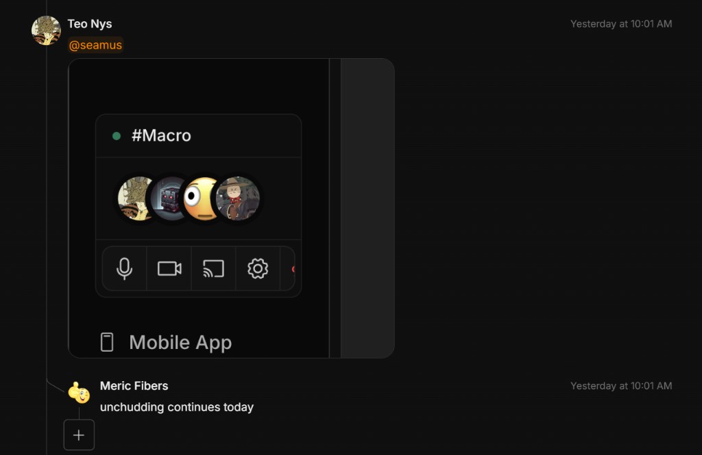 Channel message with an active Macro huddle showing participants and in-call controls on mobile