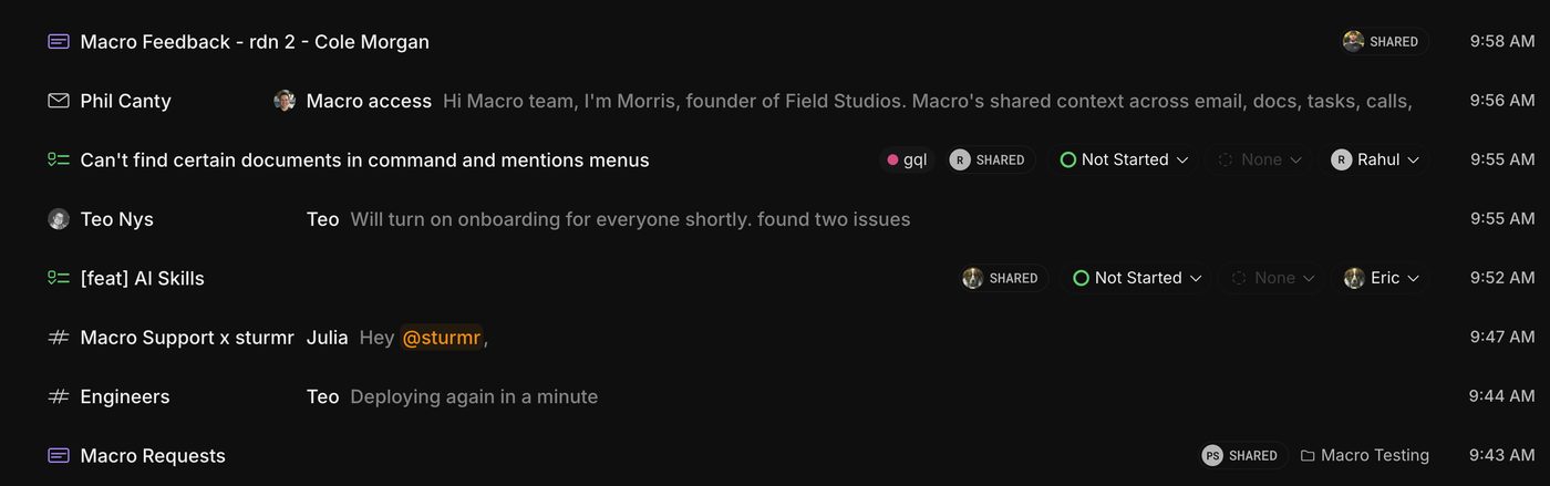 Macro inbox list mixing docs, emails, tasks, channel messages and shared threads in one triage list