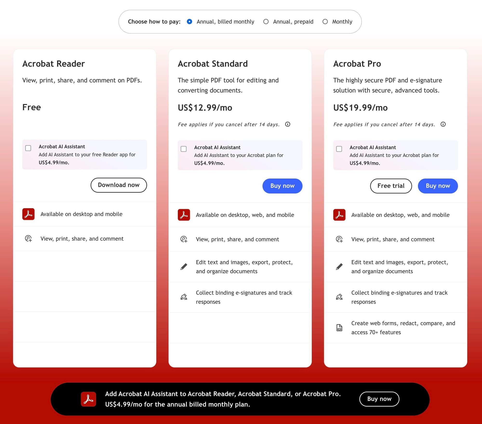 Adobe PDF Reader Pricing Plan Chart