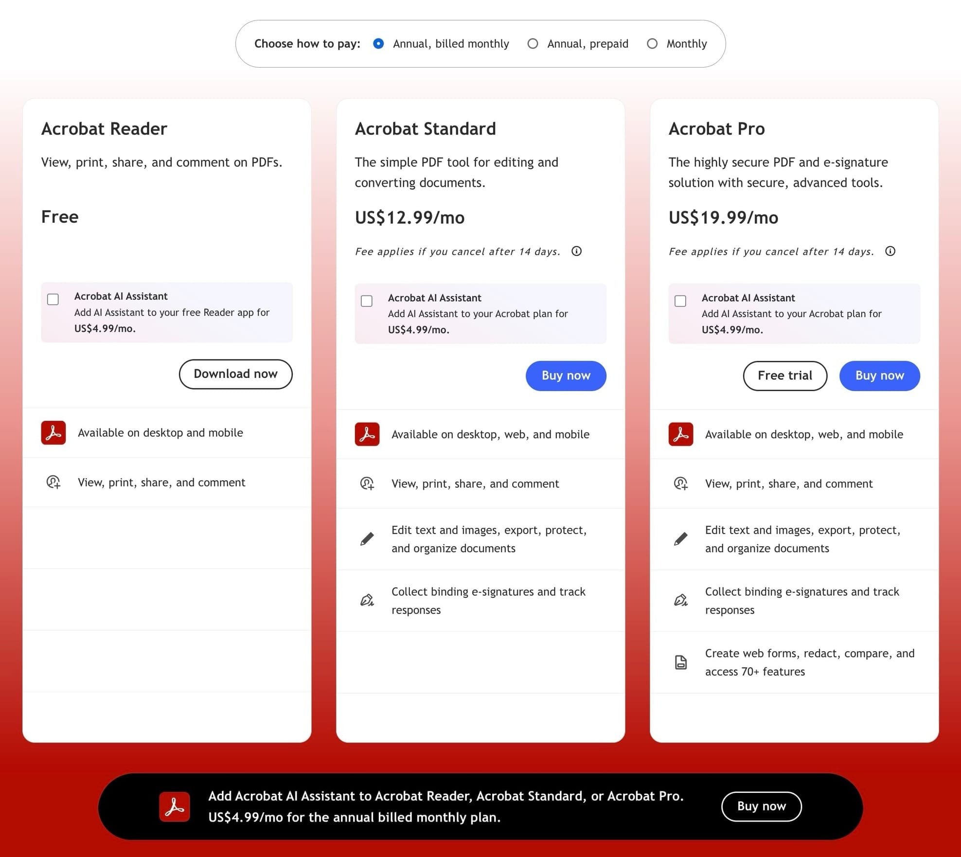 Adobe PDF Reader Pricing Plan Chart